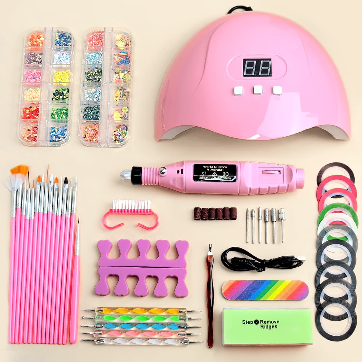 Complete Set of Nail Art Auxiliary Tools X3, Glitter Diamond Decorations, Nail Brushes, Polishing Machine, Nail File