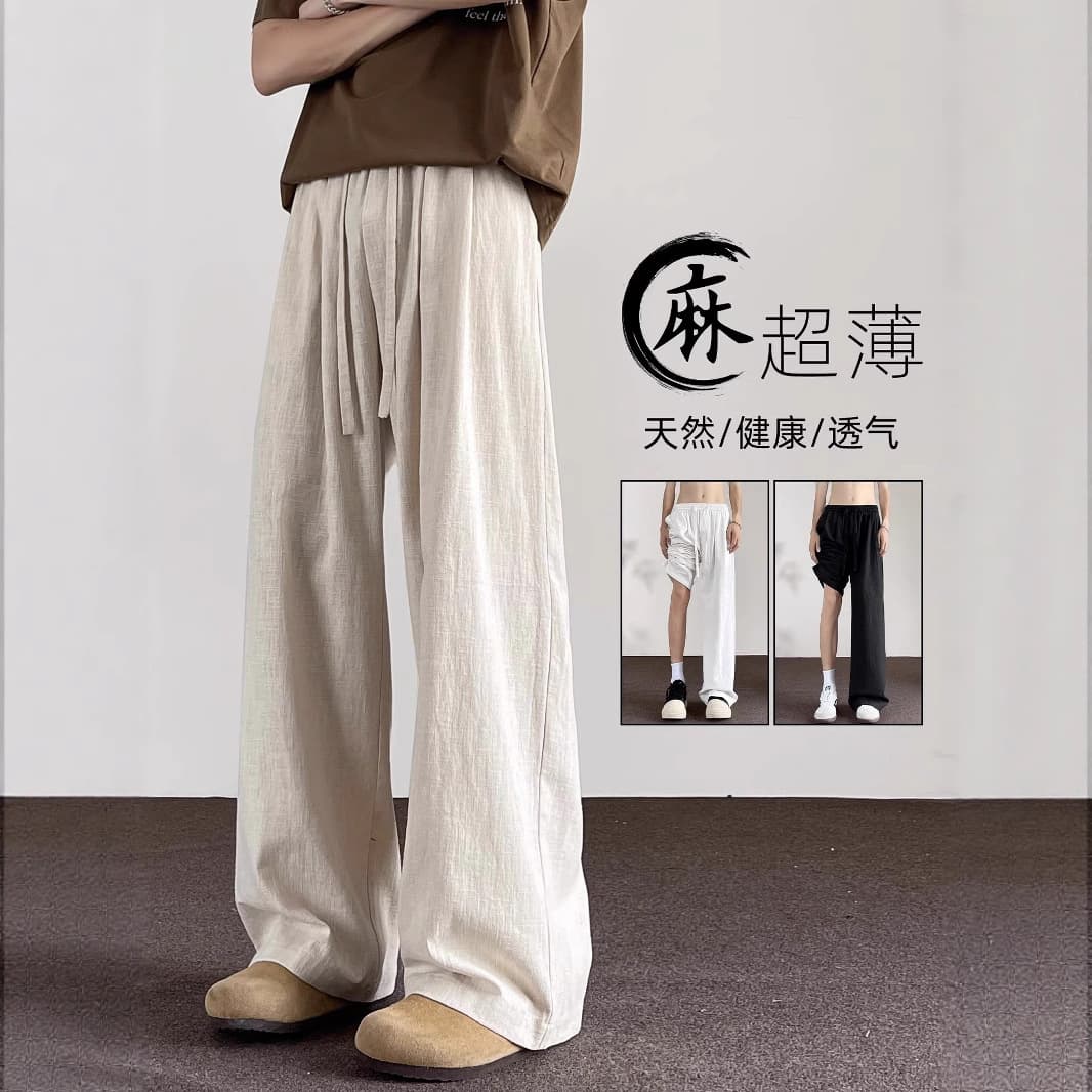 NASA Large Size Cotton-Linen Solid Color Pants for Men Summer New Straight Leg Breathable Linen Casual Sports Long Pants
