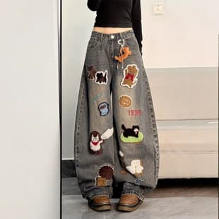 American Retro Cute Cartoon Towel Embroidery Curved Knife Jeans for Women, Autumn High Street Loose Slimming Floor-Length Wide-Leg Pants