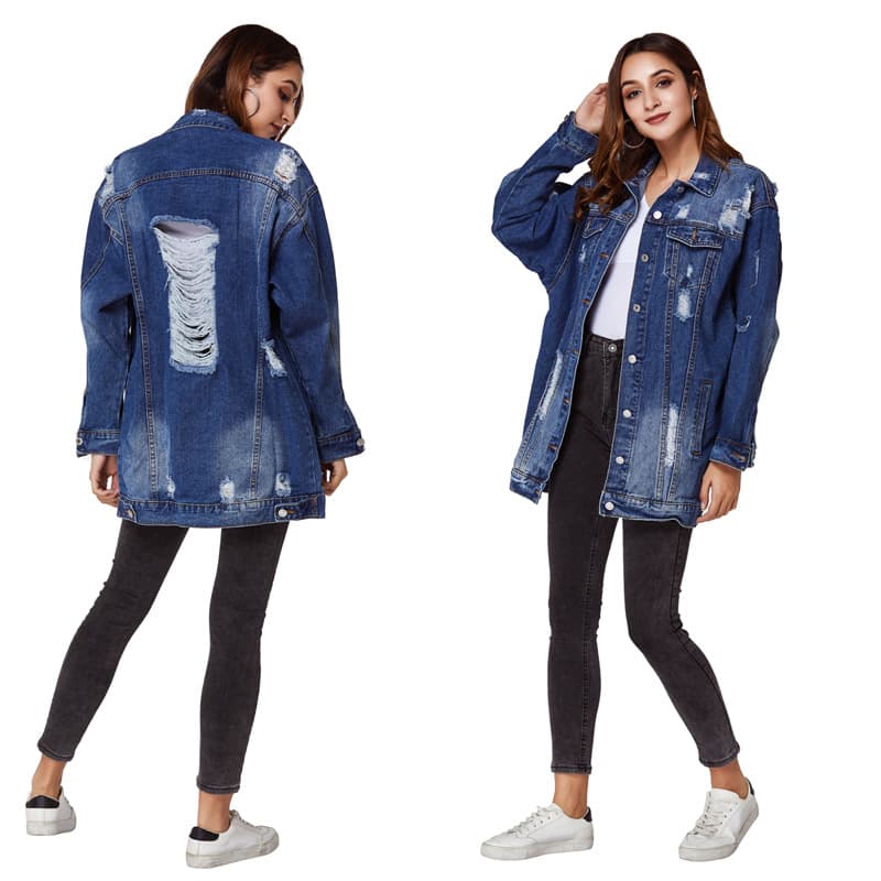 New Hot Selling Distressed Denim Jacket for Cross-Border Trade, European and American Style, Washed Long Sleeve Notch Collar Dark Denim Jacket