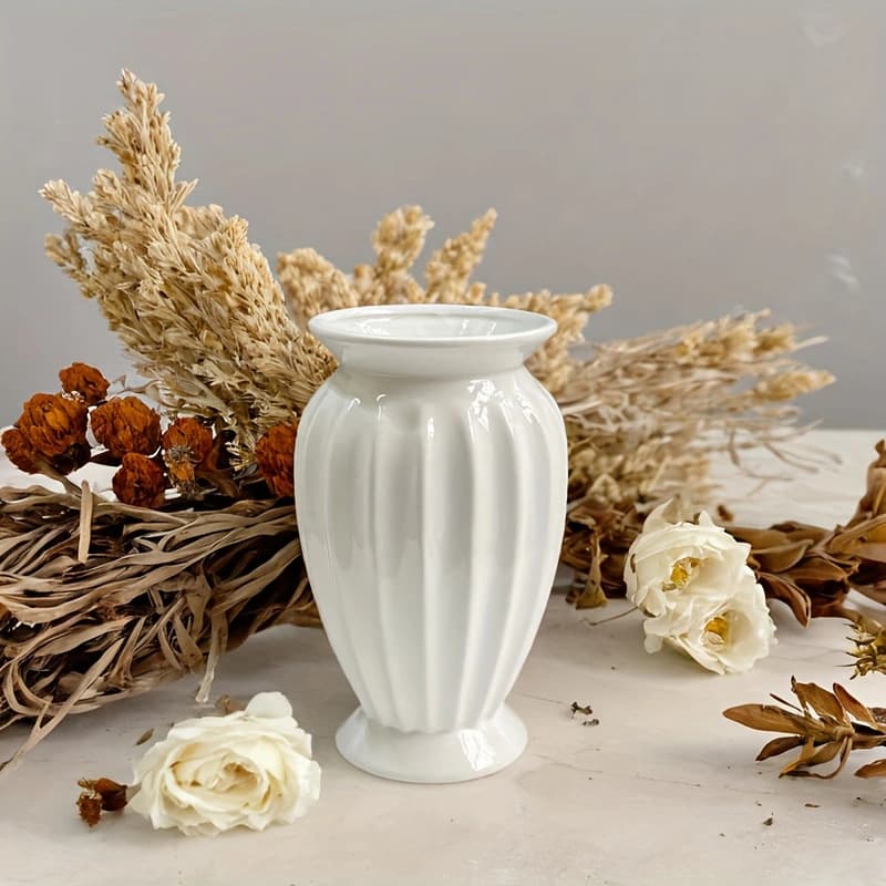 White ceramic fishtail vase, a decorative vase for home and living room, made with handcrafted beaded flowers.