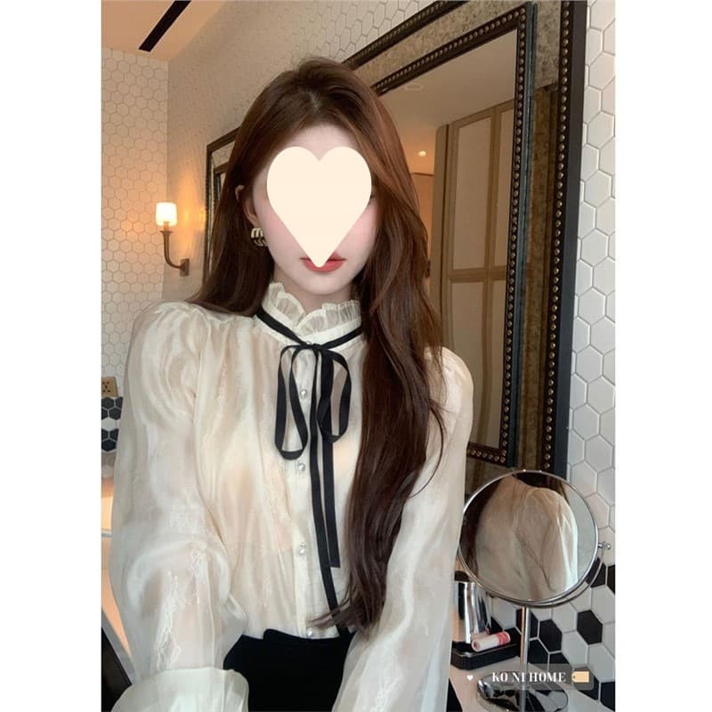 Chiffon Blouse for Women, French Elegant Style, Stand Collar, Tie Neck, Long Sleeve, Autumn New Arrival, Court Style Shirt Top