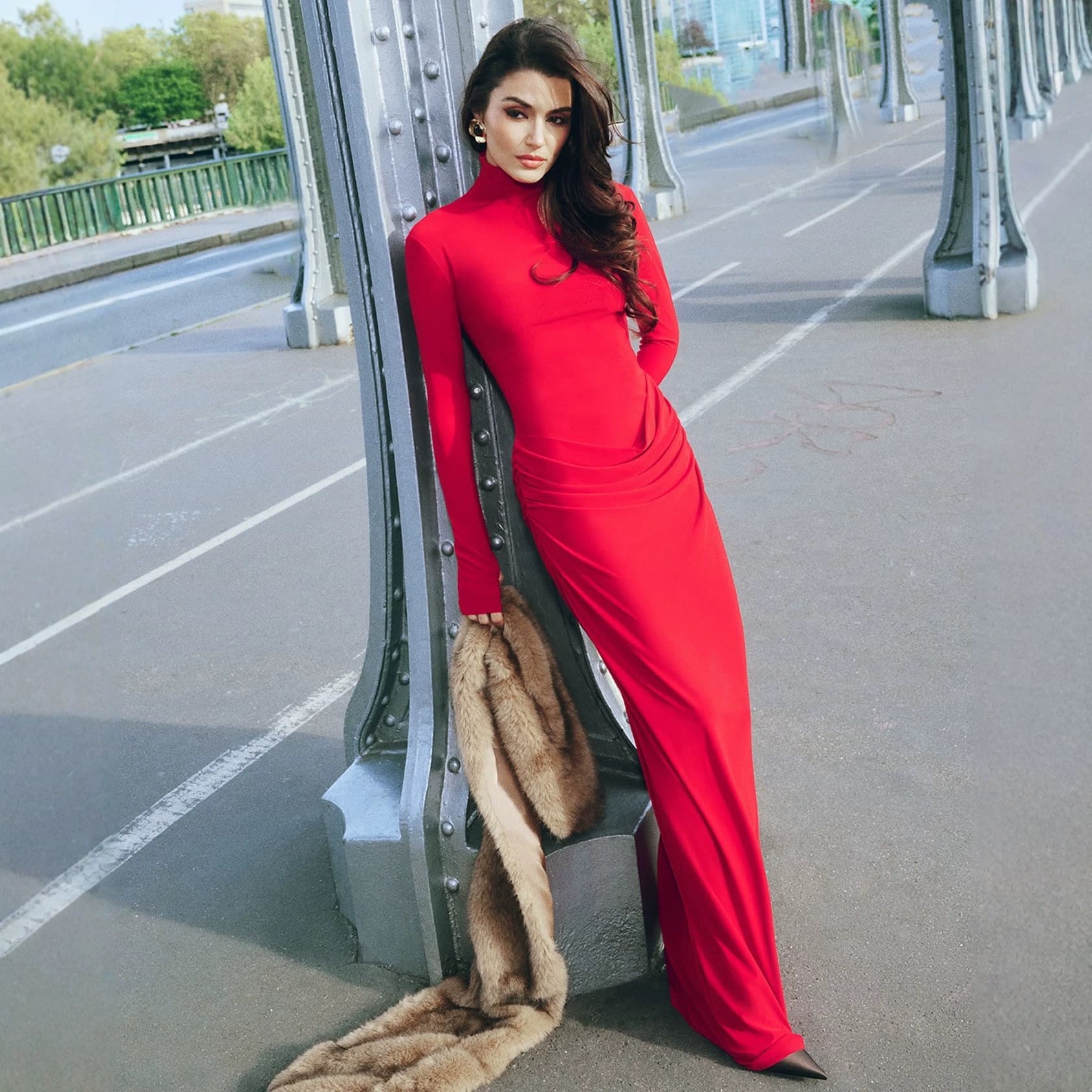 A753DS European and American Cross-Border Retro Elegant Style Half High Collar Long Sleeve Waist Pleated Fitted Bodycon Long Dress