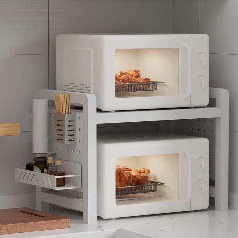 Multifunctional kitchen countertop microwave oven storage rack, double-layer telescopic storage rack for home ovens, butter-flavored design.