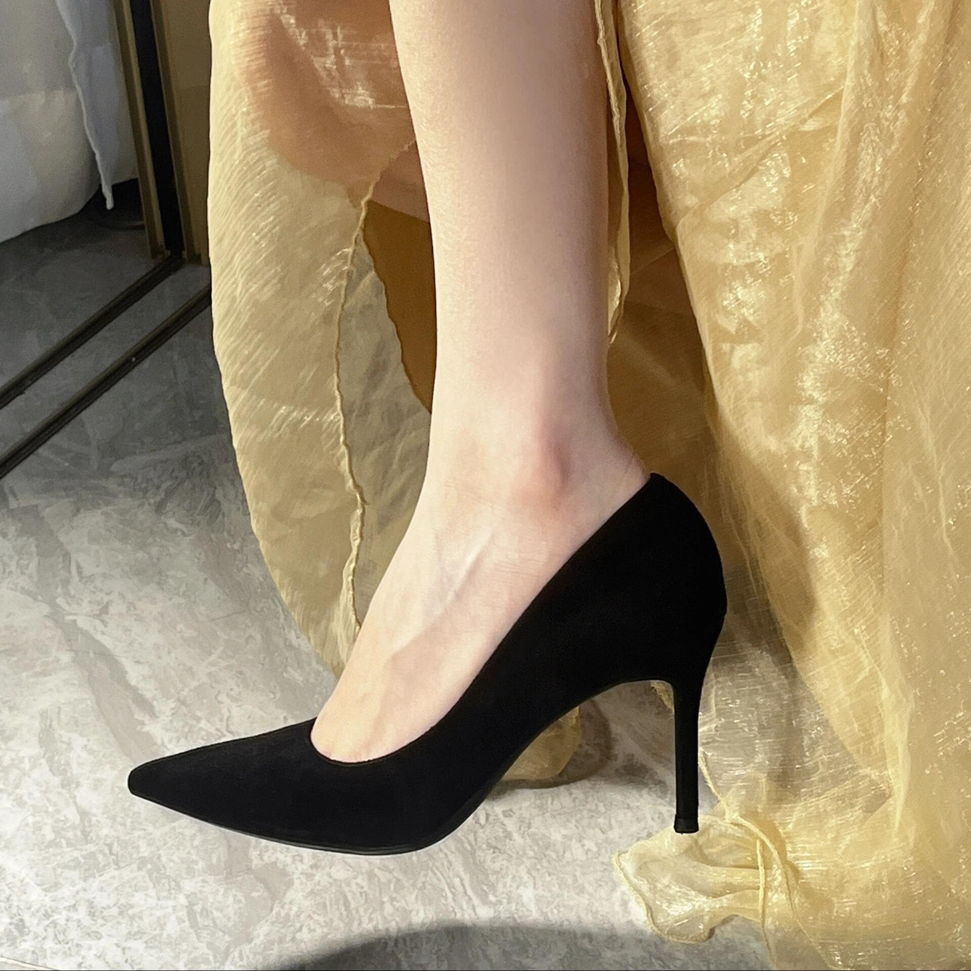 [7.5cm] Suede High Heels for Women, Black, Stiletto Heel, Pointed Toe, New Style, Slimming Foot, Single Shoes for Dresses