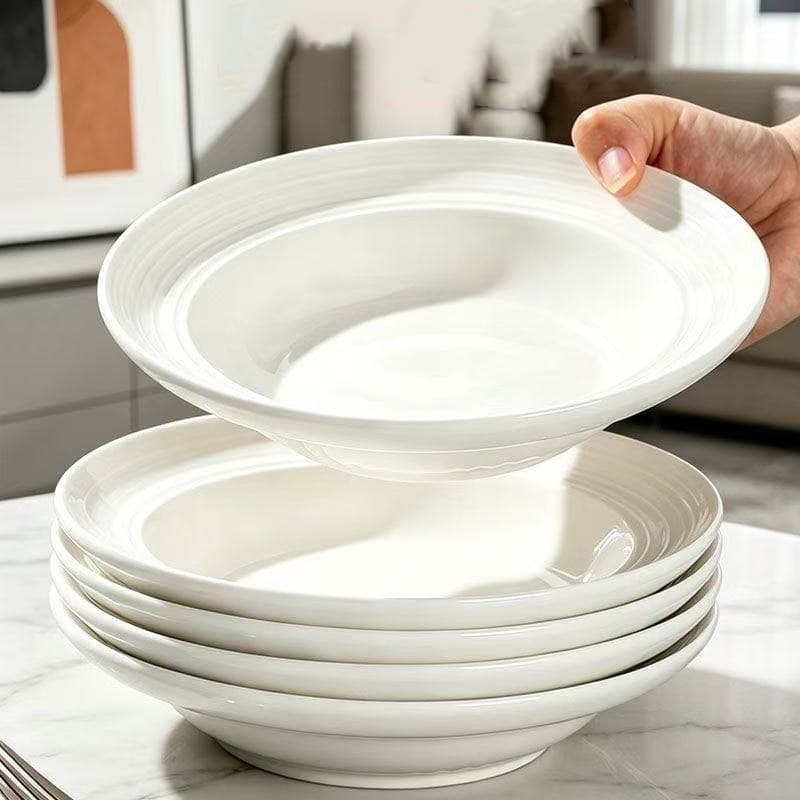Ins Ceramic Deep Plate Pasta Plate Salad Plate Home Use Dish High Appearance Food Plate Pure White Threaded Plate