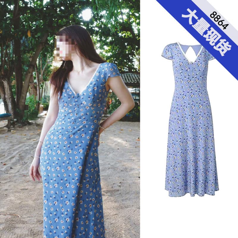 Tan Songyun's same style blue floral dress for women 2026 new summer slim fit and versatile long skirt dress