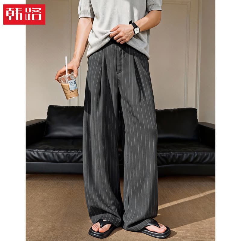 Old Money Style Vertical Stripe Pleated Dress Pants for Men Spring New Arrival Draped Loose Casual Trousers Trendy Retro Straight Leg Long Pants