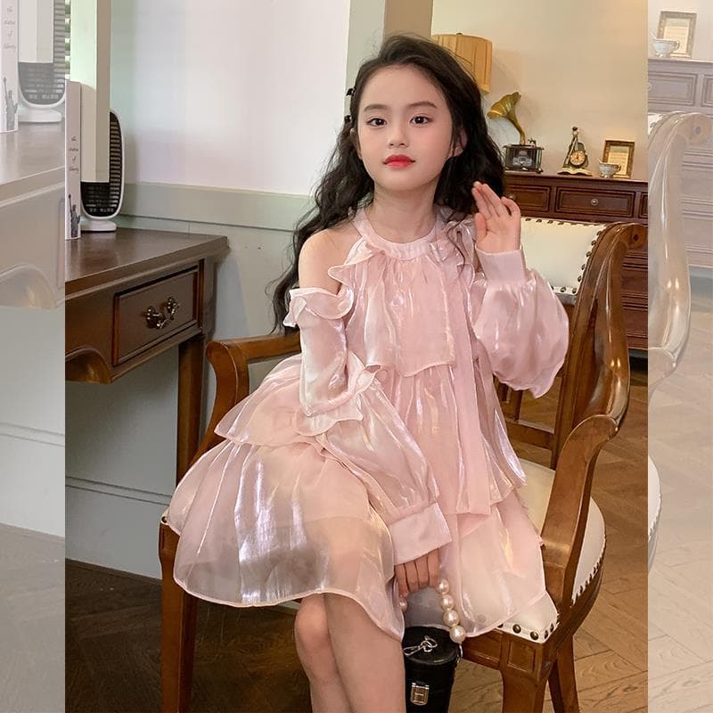2026 Girls' Wear Pink Organza Princess Dress Children's Baby Halter Neck Dress Off-the-Shoulder Dress