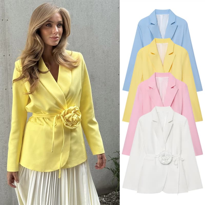 UNIZERA Women's 2026 Summer New Arrival European and American Fashion Loose Long-Sleeved Lace-up Flower Suit Jacket for Women