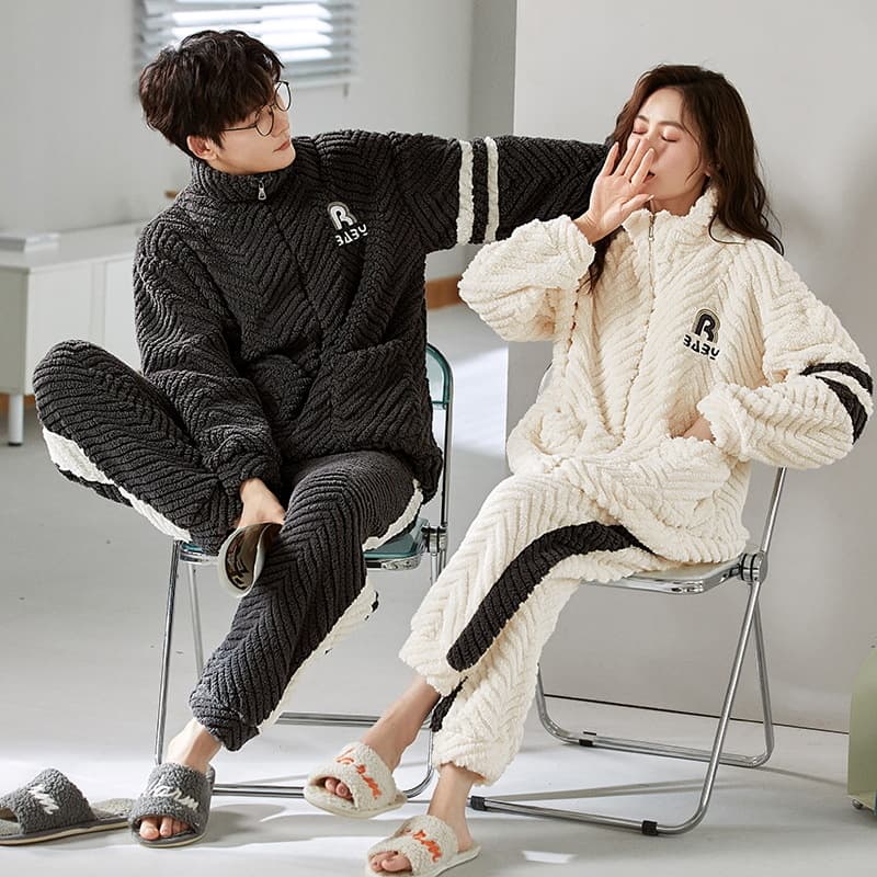 Autumn Winter Bear Couple Pajamas Women Soft Zipper Cardigan Flannel Men Thickened Coral Fleece