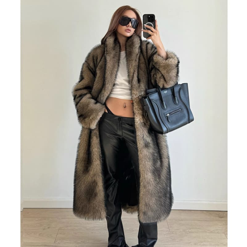 Women's Faux Fur Coat Winter Warmth Fox Fur Style Long Wolf Color Casual Trench Coat