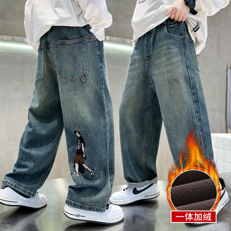 Thickened Fleece Lined Boys Jeans Autumn Winter Style Children's Clothing Trendy Middle And Large Children Thickened Denim