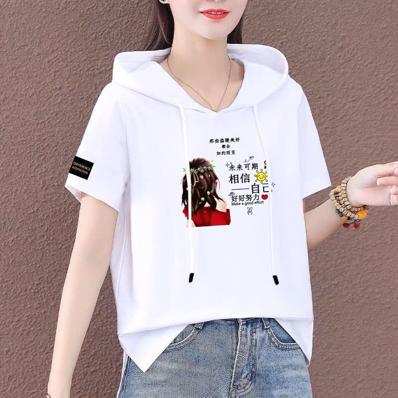2026 summer half-sleeved large size hooded sweatshirt Korean style loose thin t-shirt women's short-sleeved casual versatile top