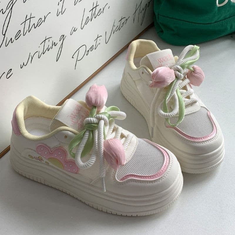 2025 Summer New Flower White Sneakers for Women, Matching Dresses, Trendy Mesh Shoes, Breathable Mesh Casual Sports Shoes