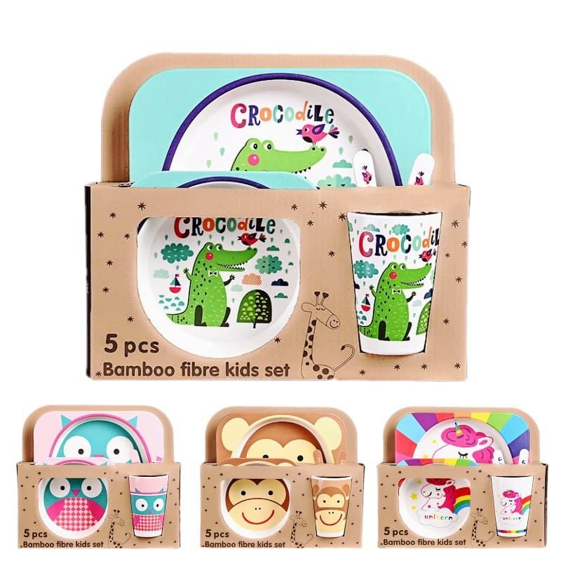 Bamboo Fiber Kids Dinnerware Set - Cartoon Divided Plate, Rice Bowl, Cup, Fork & Spoon - Baby Gift for Maternity & Baby Stores