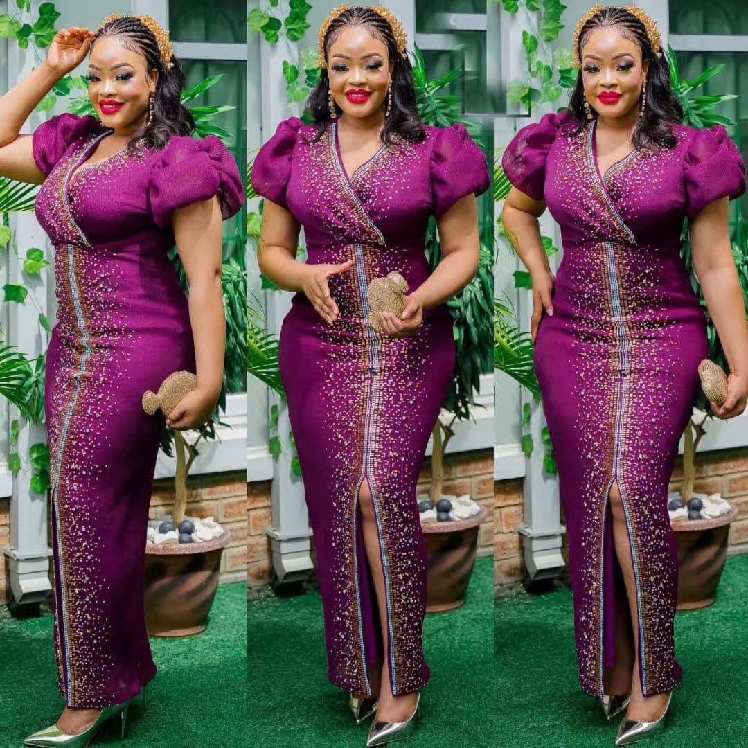 African Women's Dress Mesh Hot-fix Rhinestones Bubble Sleeves Stretch V-neck Fashion Long Skirt Cross-border Independent Site Foreign Trade