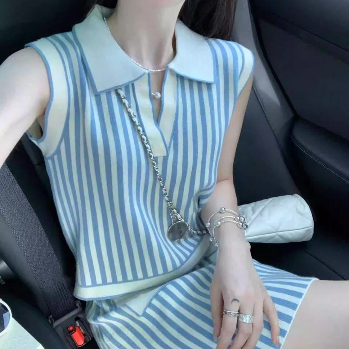 Audrey Hepburn Style Two-Piece Outfit, Sleeveless New Blue and White Striped Knit Vest and Skirt Set, Slimming for Petite Figures