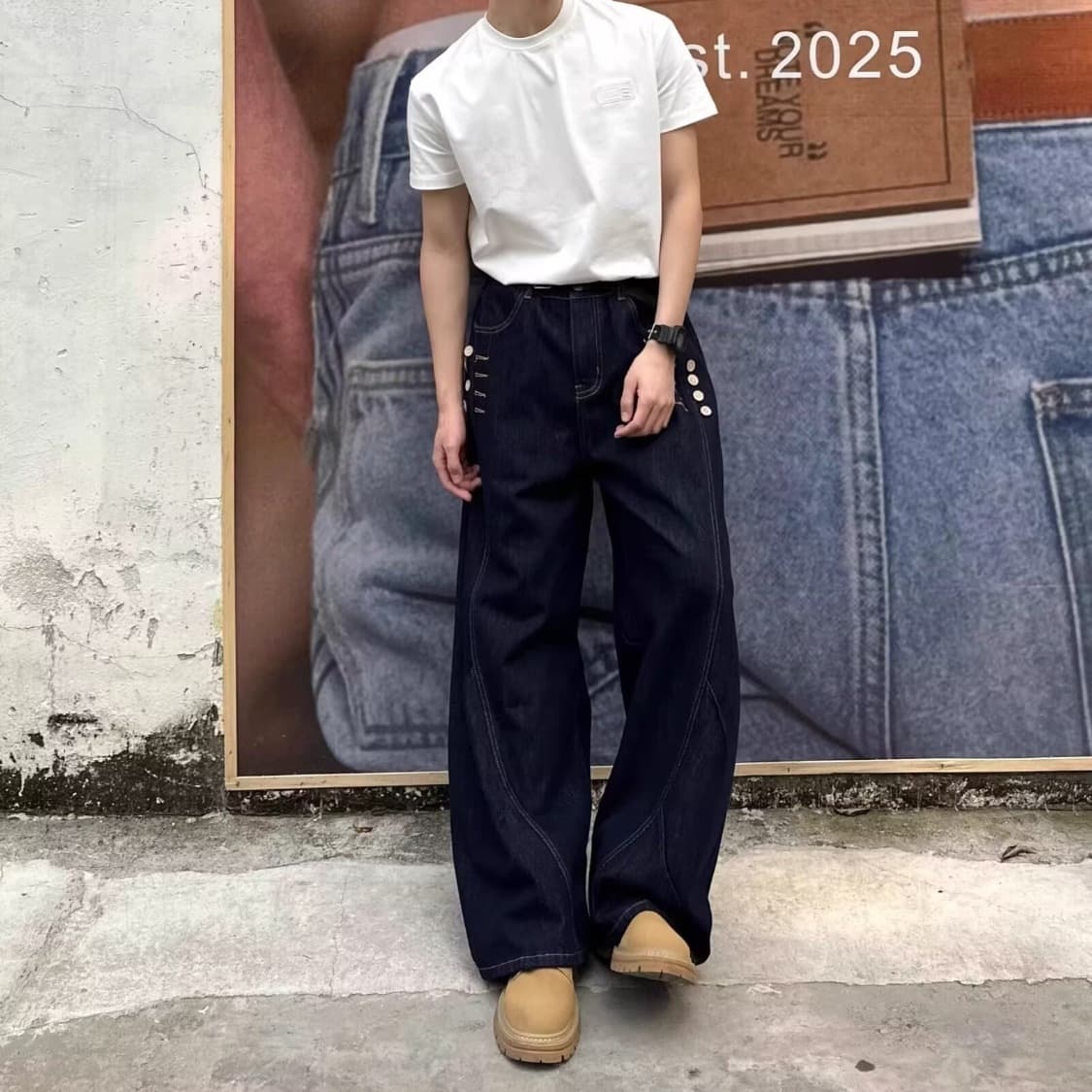 American retro jeans men's niche design scimitar pants casual versatile loose wide-leg floor-length pants blue gray