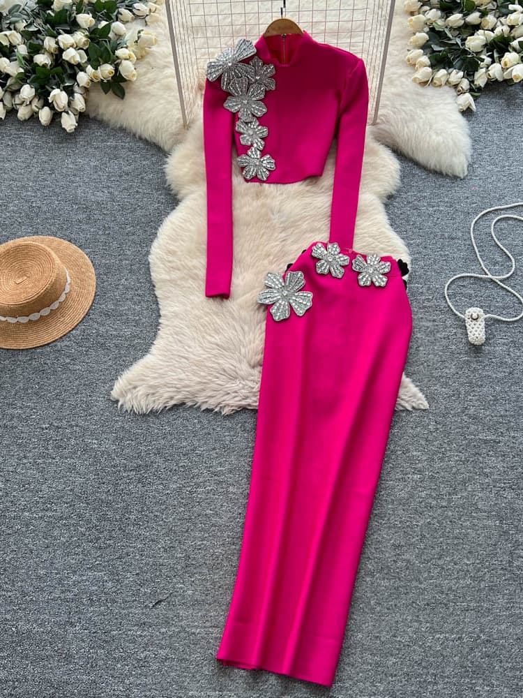 European and American Fashion Socialite Heavy Rhinestone Flower Short Long-Sleeved Top High-Waist Pencil Skirt Elegant Two-Piece Set