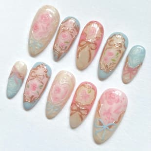 Light Color Butterfly Flower Hand-Painted Wearable Nails, Simple French False Nails, Removable Almond Press-On Nails