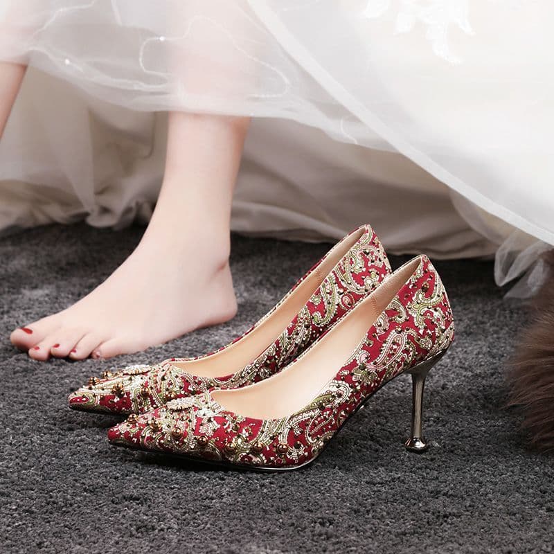 Xiuhe Shoes Wedding Shoes Women Red Chinese Bride Shoes Rivet High Heels Kitten Heels 2026 New Style Thin Heels