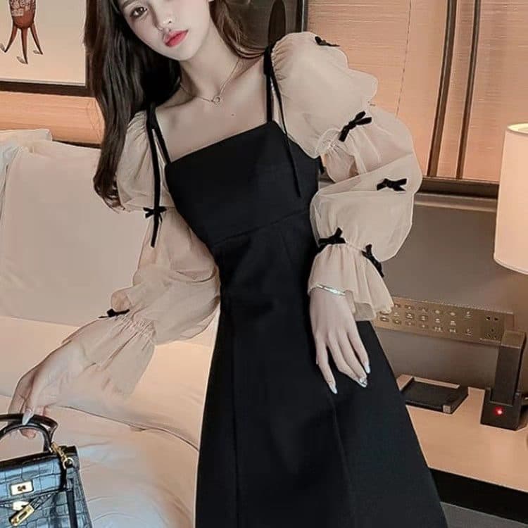 Spring Autumn New Style Hepburn Slimming Dress Women's Mesh Long Sleeve Waist-fitted Elegant Dress Summer