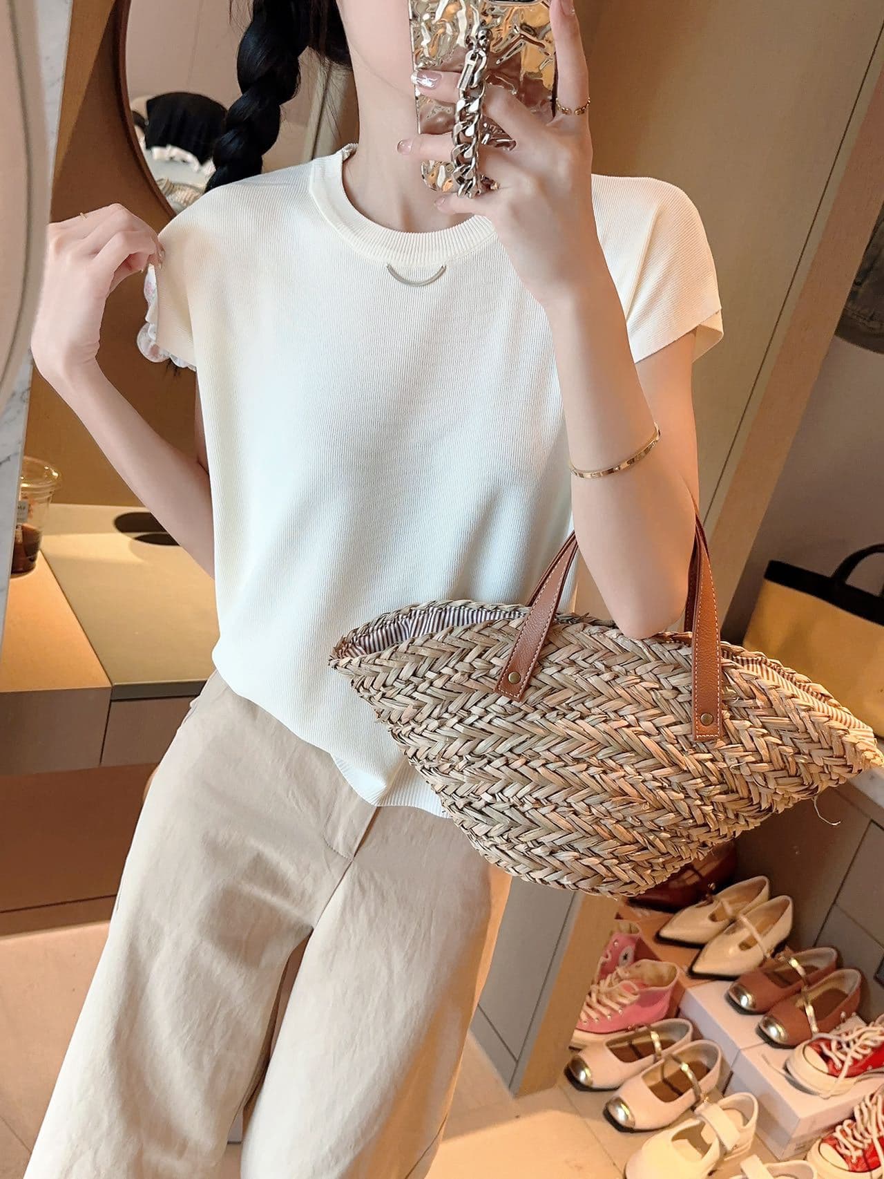 Curved bead sweater women's thin T-shirt summer new solid color flying sleeves loose and slim round neck short-sleeved top trendy