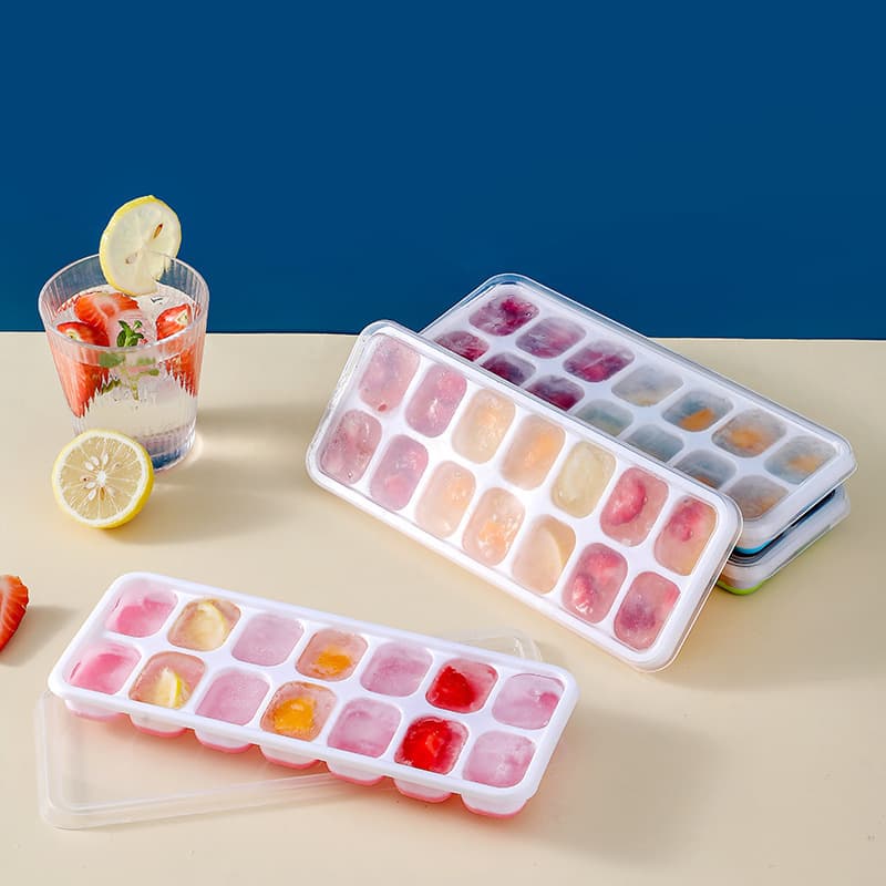 14-Cell Soft Silicone Ice Cube Tray with Lid, Food-Grade, Quick-Freeze Ice Cube Storage Box