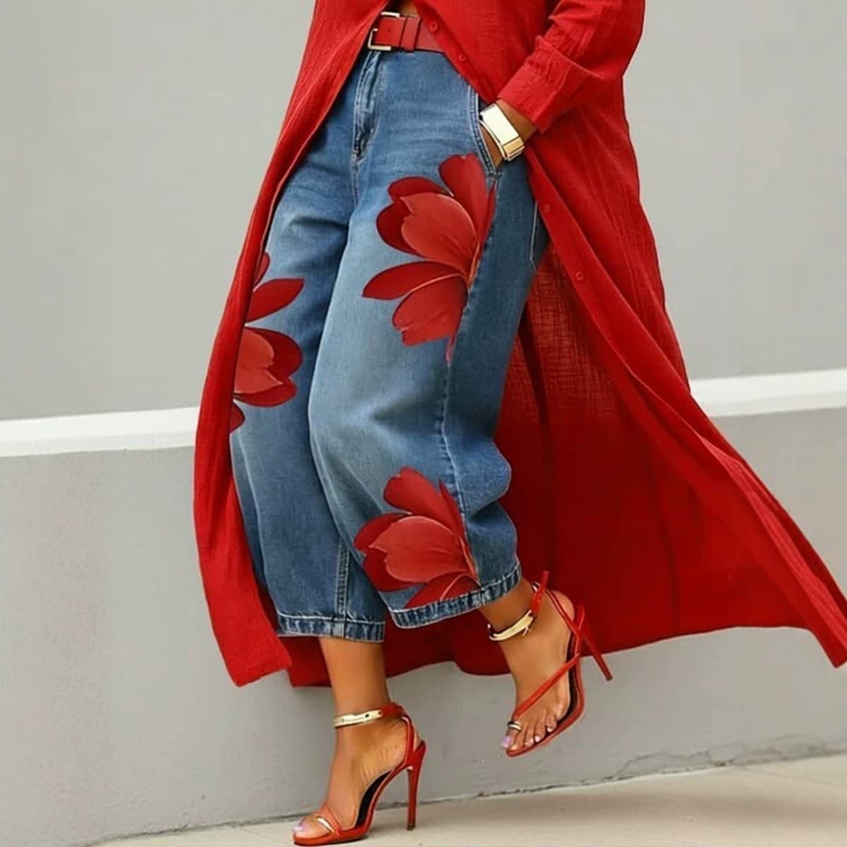 2026 Cross-Border EU/US Imitation Denim Floral Print Straight-Leg Jeans, Loose Fit, Versatile, Commuter-Friendly, Ankle-Length Women's Wide-Leg Pants