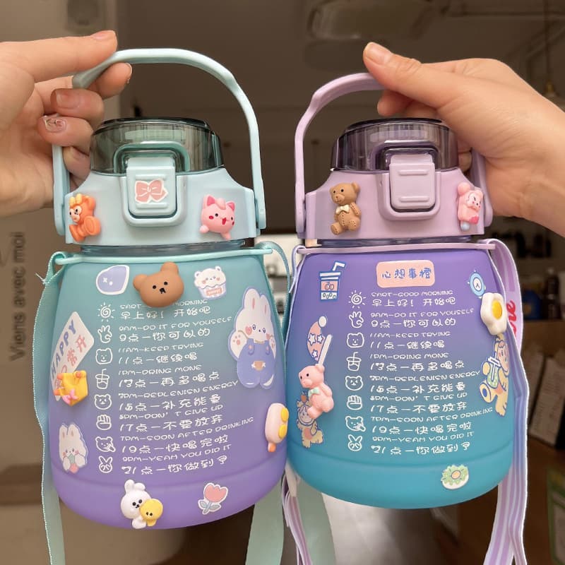 Plastic Large Water Cup, Large Capacity, Stylish Girls' Kids Primary School Students' Kettle, Water Bottle with Straw, Gradient Belly Cup