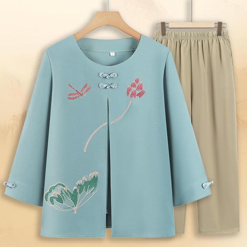 Mom's Summer Outfit, Three-Quarter Sleeve T-Shirt, Middle-Aged and Elderly Women's Summer Suit, Grandma's Clothes, Two-Piece Suit for Old Ladies