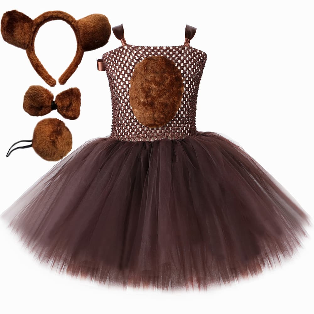 Girls Mesh Dress Puffy Skirt for Kids Festival Brown Bear Costume with Headband