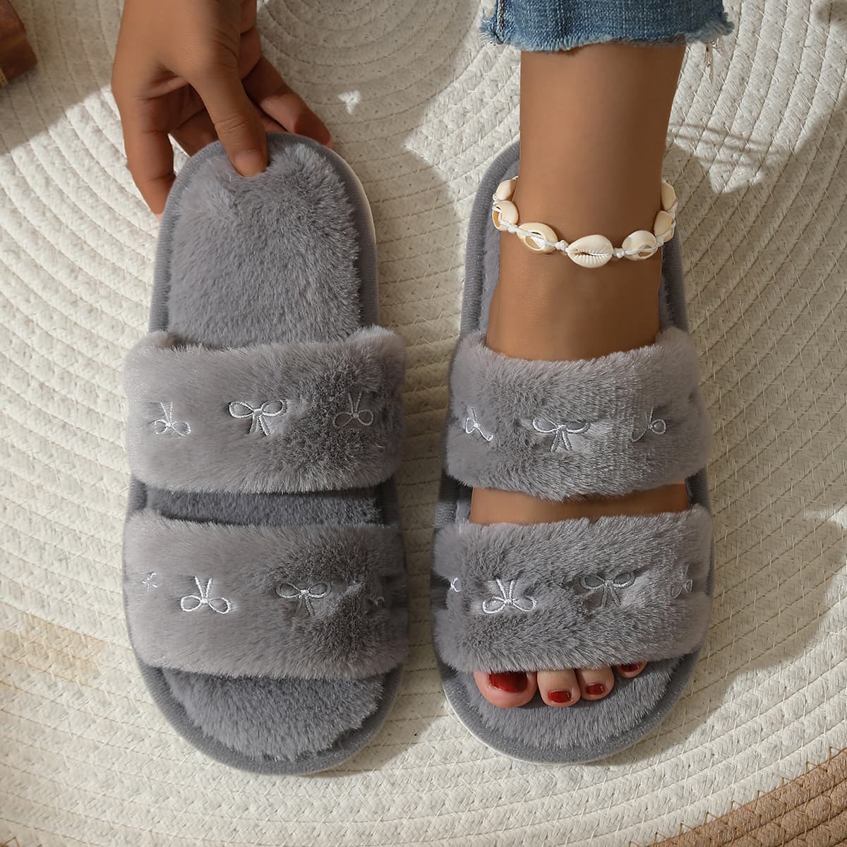 Cross-Border Bowknot Fuzzy Slippers New Indoor Home Plush Slippers Thick Sole Cotton Slippers Women's Factory Wholesale
