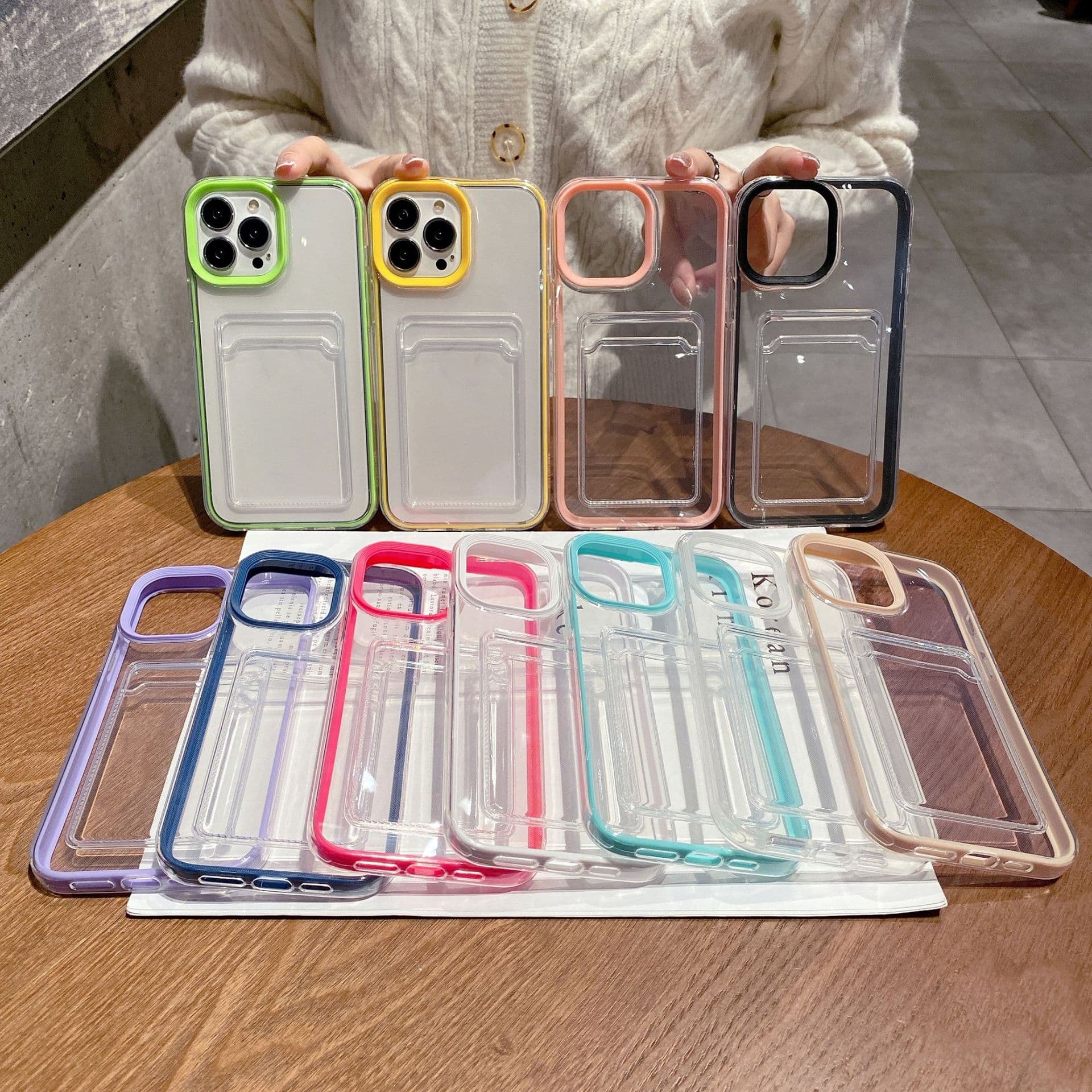 New Cross-Border Apple 14 Phone Case Trendy Fashion 3-in-1 Card Holder iPhone 13 Solid Color Transparent 12 Protective Cover