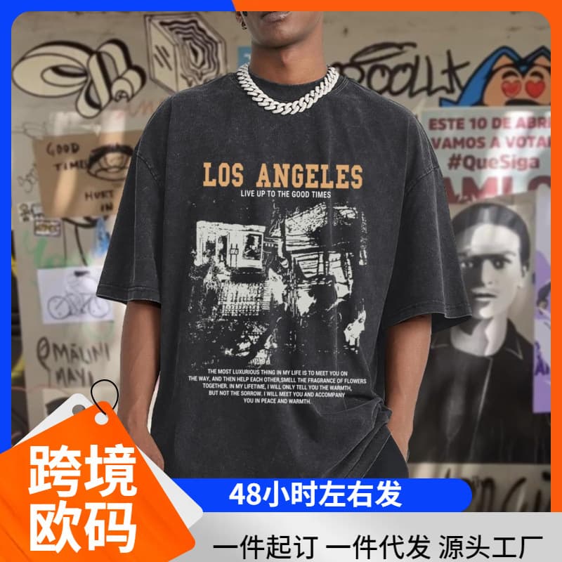 Pairxily Graphic T-Shirt Men Acid Washed Los Angeles Vintage Tee Shirt Streetwear Loose Cotton Liner