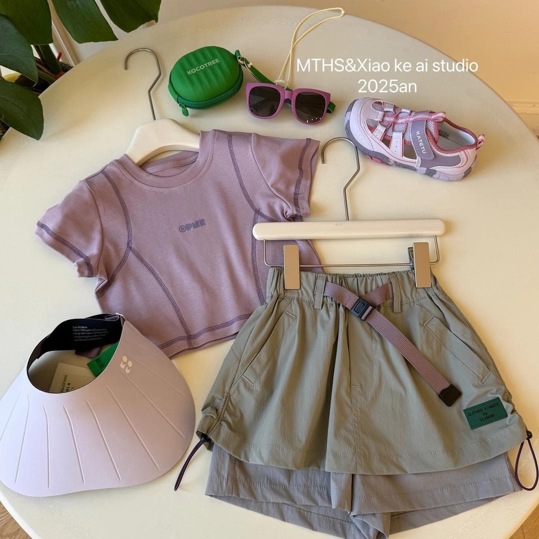 Children's Outdoor Set Summer 2025 New Stylish Girls Cargo Skirt Pants Summer Slim Short Sleeve Two-Piece Set Trendy