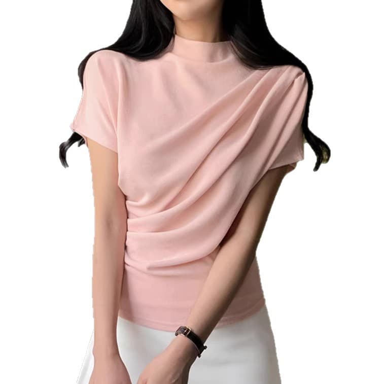 Korean Dongdaemun Spring/Summer New Trendy French-Style Comfortable Diagonal Pleated Mock Neck Thin Short-Sleeve T-Shirt for Women