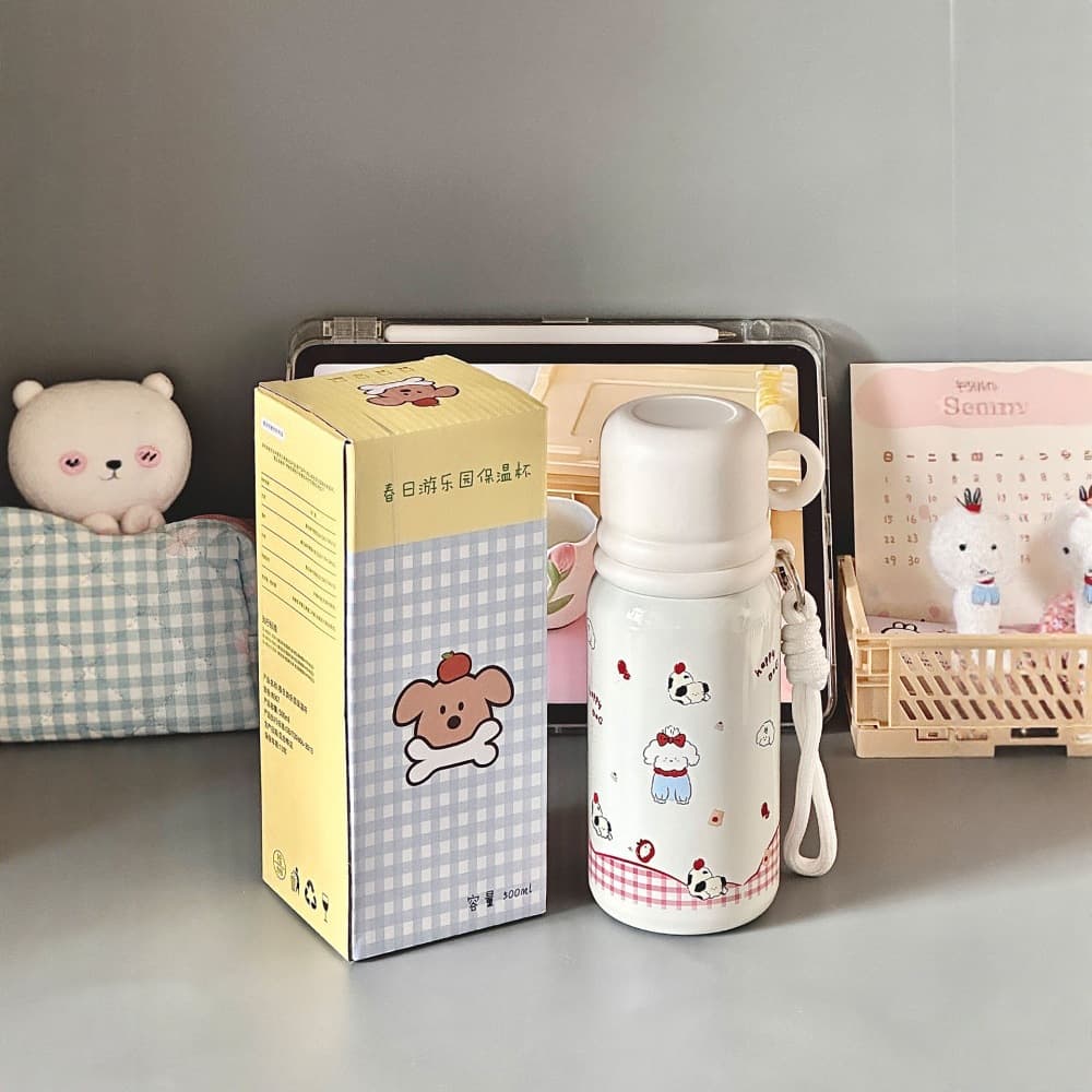 Cartoon large-capacity thermos cup with cute appearance and cute portable double drinking cup for children and students going to school with lid kettle