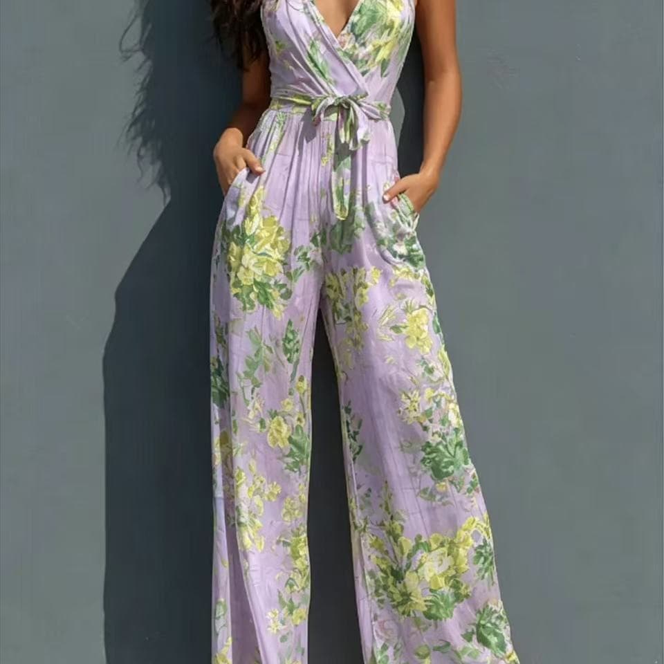 2026 Summer New European and American Cross-Border Style Halter Deep V Printed Jumpsuit High-Waisted Tie-Waist Wide-Leg Jumpsuit