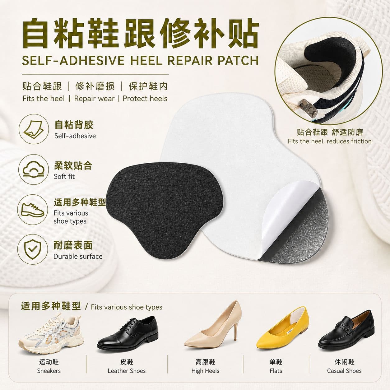 Self-Adhesive Heel Wear Repair Patch for Leather Shoes, Sneakers, Anti-Wear, Anti-Slip Inner Patch