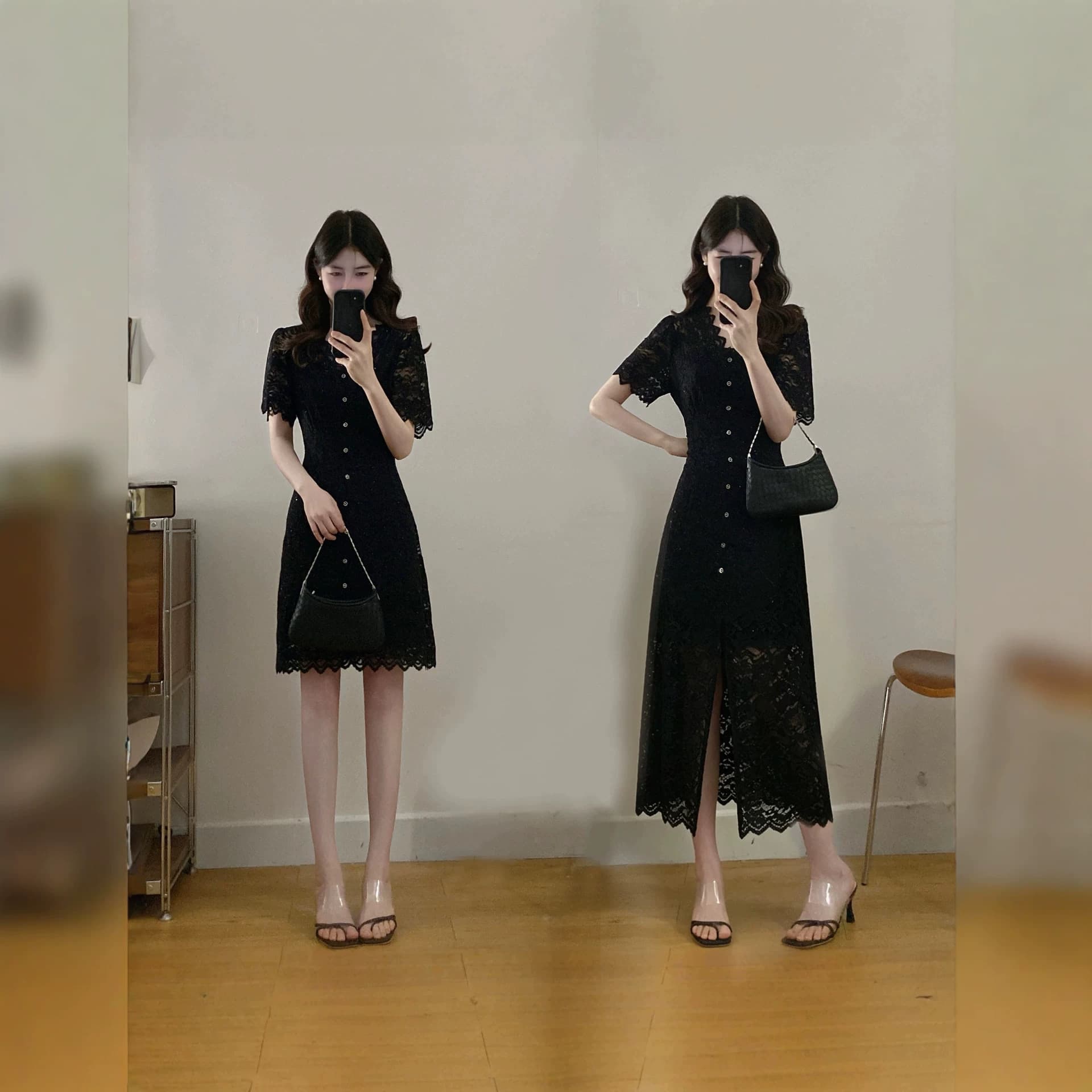 Plus size summer new fat mm light luxury high-end French slim V-neck lace dress little black dress