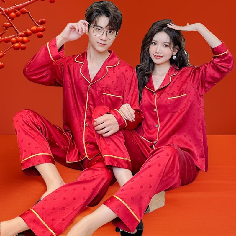 Red Zodiac Year Winter New Premium Ice Silk Couple Pajama Set Long Pants Wedding Men Women Homewear