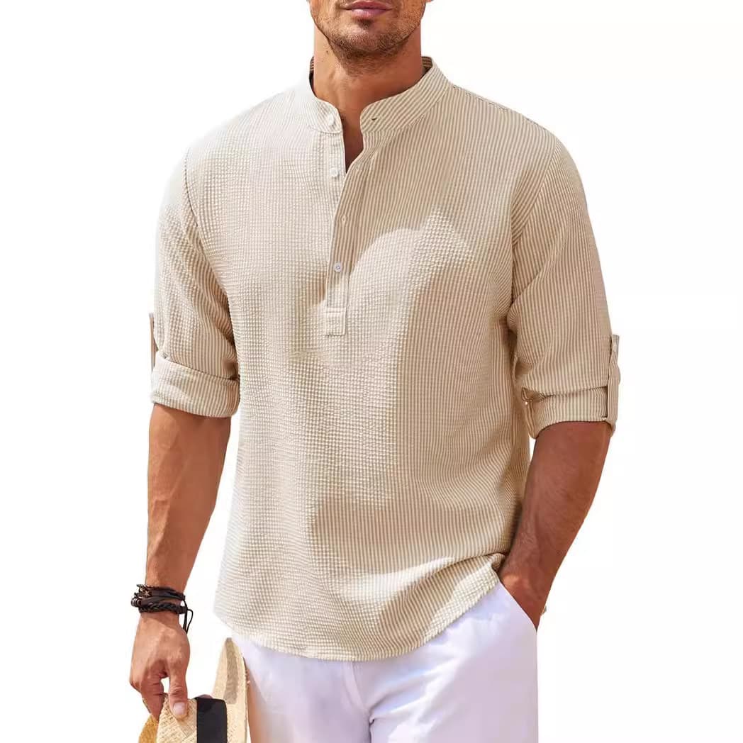 Men's Casual Long Sleeve Shirt Stand Collar Half Button Pineapple Patterned Top Autumn Wear Made in China for Business And Office