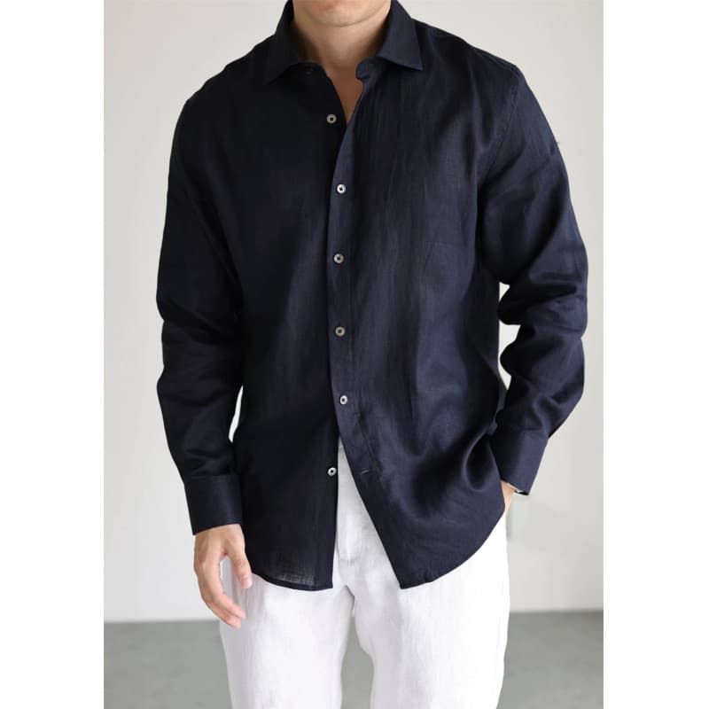 Men's Navy Blue Linen Shirt Long-Sleeved Casual Business Formal Shirt Men's Style Factory Direct Sale Ready Stock
