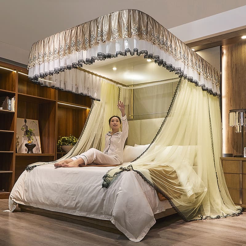 U-Shaped Rail Retractable Three-Door Mosquito Net Track Floor-Standing Princess Style for 1.5m/1.8m Bed Double Bed Home Use Ins Style