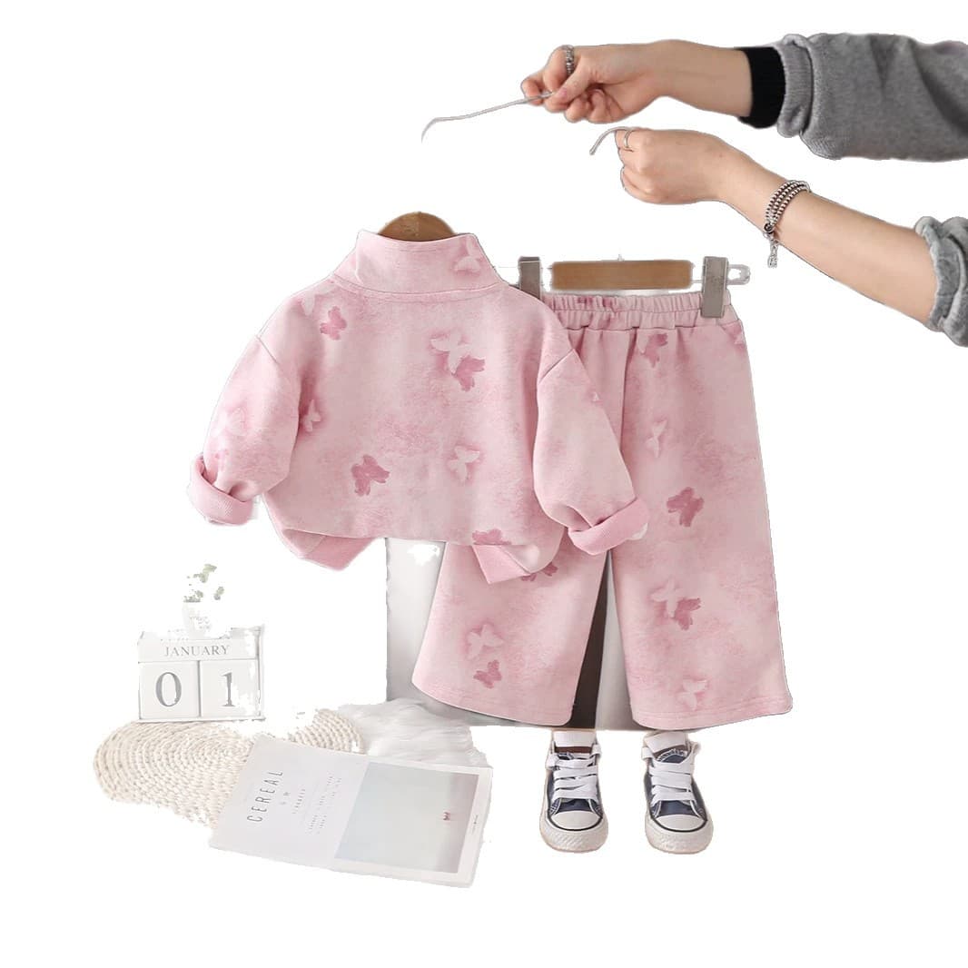 Girls Spring and Autumn Long Sleeve New Children's Stand Collar Butterfly Zip Top Two-Piece Set Stylish Trendy Sweatshirt Set