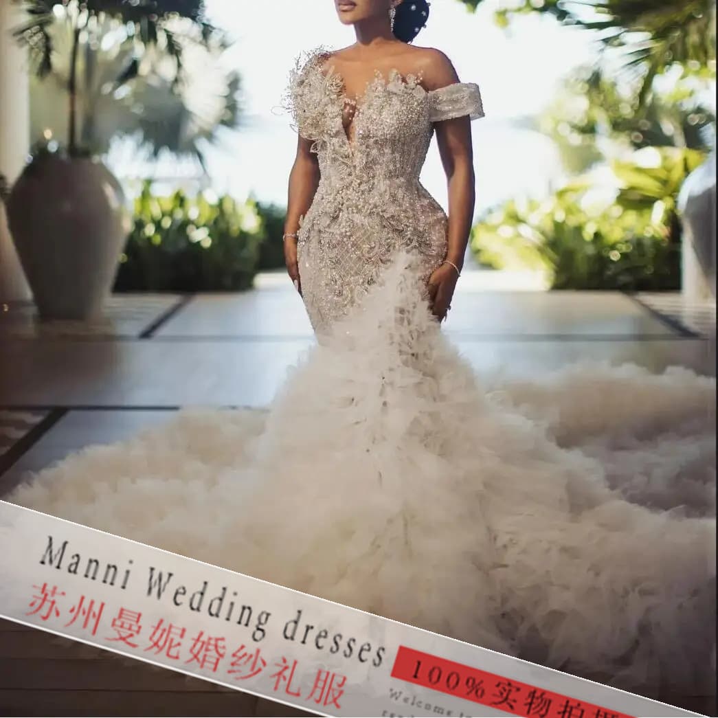 Amazon New Wedding Dress for Export, Deep V One-Shoulder Mermaid Lace Wedding Gown for Cross-Border African Brides