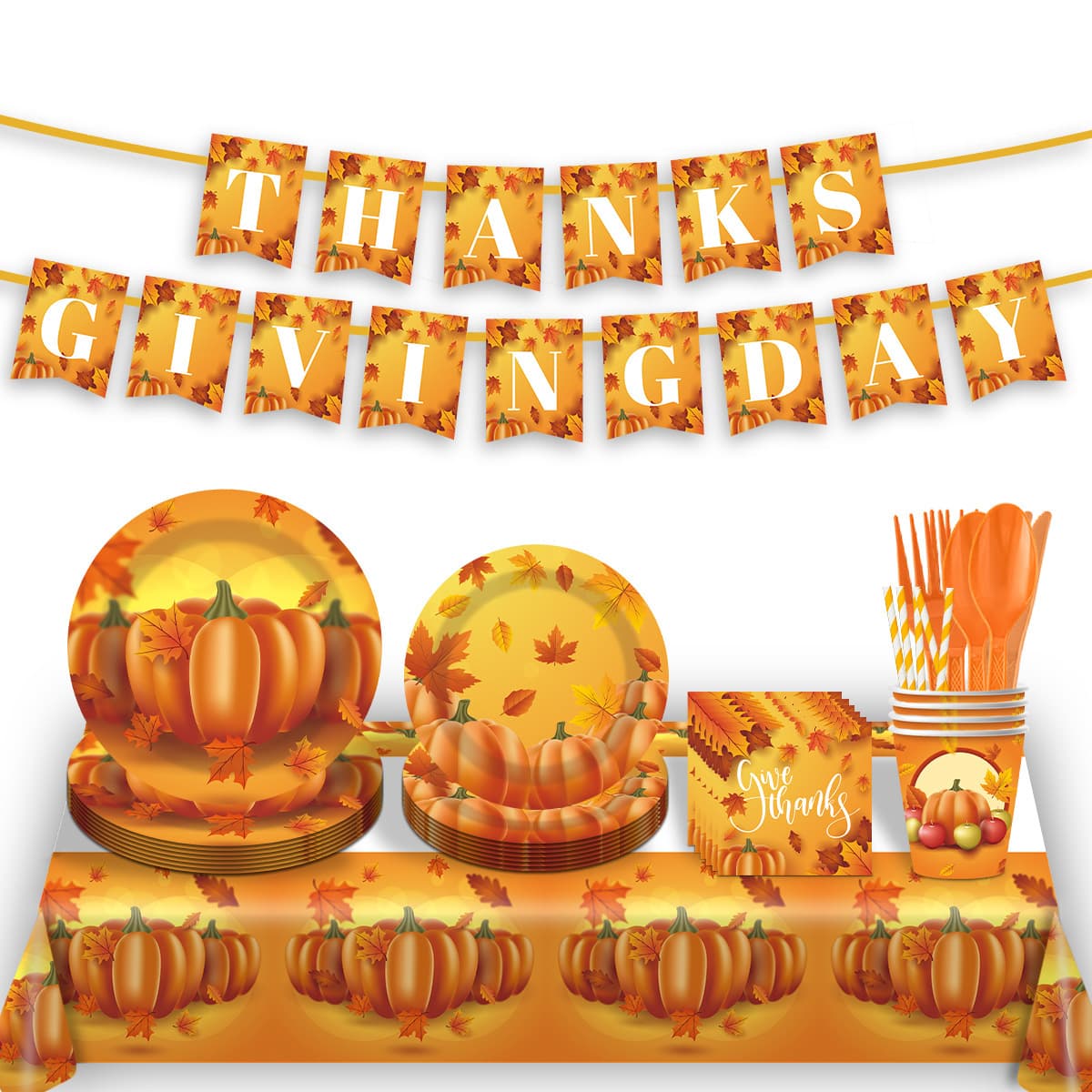 Cross-border Thanksgiving Pumpkin Theme Birthday Party Supplies Disposable Paper Plates Cups Napkins Tablecloth Set
