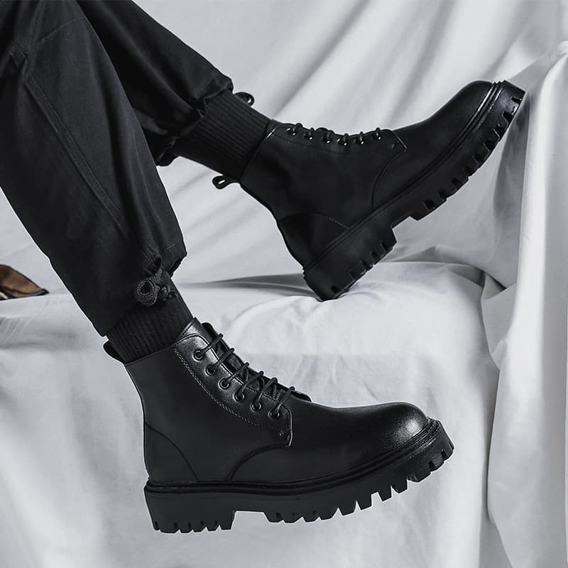 Trending Martin Boots for Men High Top Spring Autumn British Retro Mid Top Leather Boots Height Increasing Black Boots